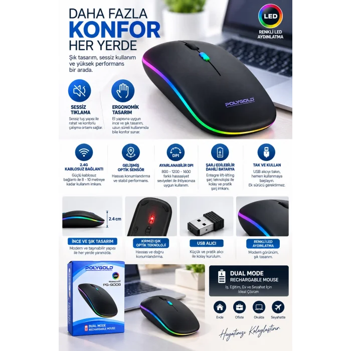 Kablosuz Şarjlı Sessiz Tıklamalı Ergonomik Mouse