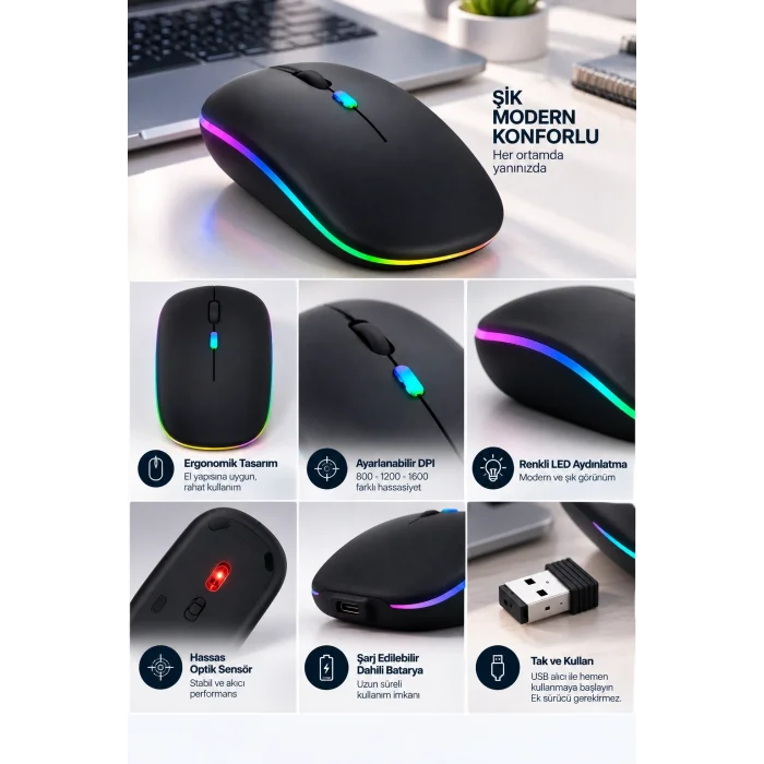 Kablosuz Şarjlı Sessiz Tıklamalı Ergonomik Mouse
