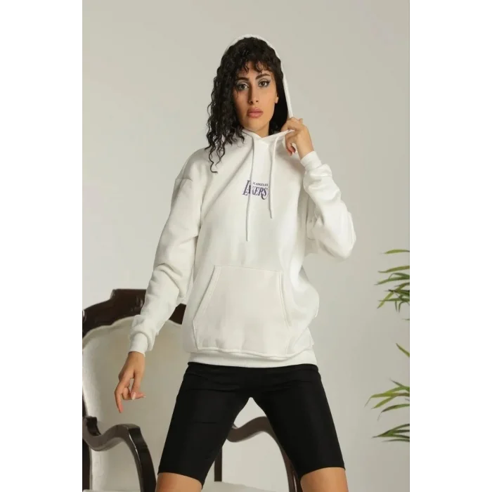 Kadın Oversize Kapüşonlu Cepli Baskılı 3 İplik Pamuklu Hoodie Sweatshirt - Beyaz