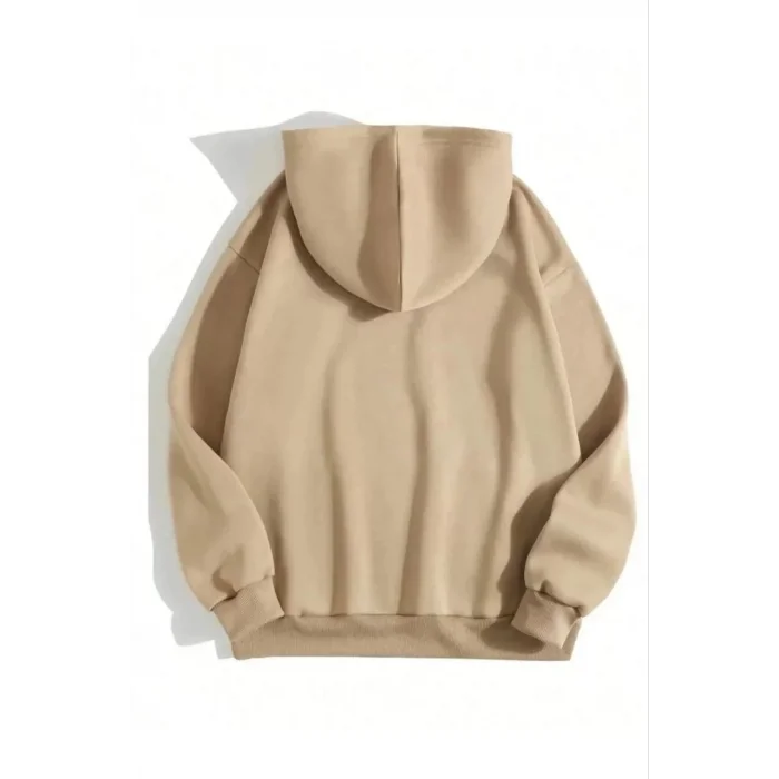 Kadın Kapüşonlu Kanguru Cepli 3 İplik Pamuklu Düz Hoodie Sweatshirt - Bej