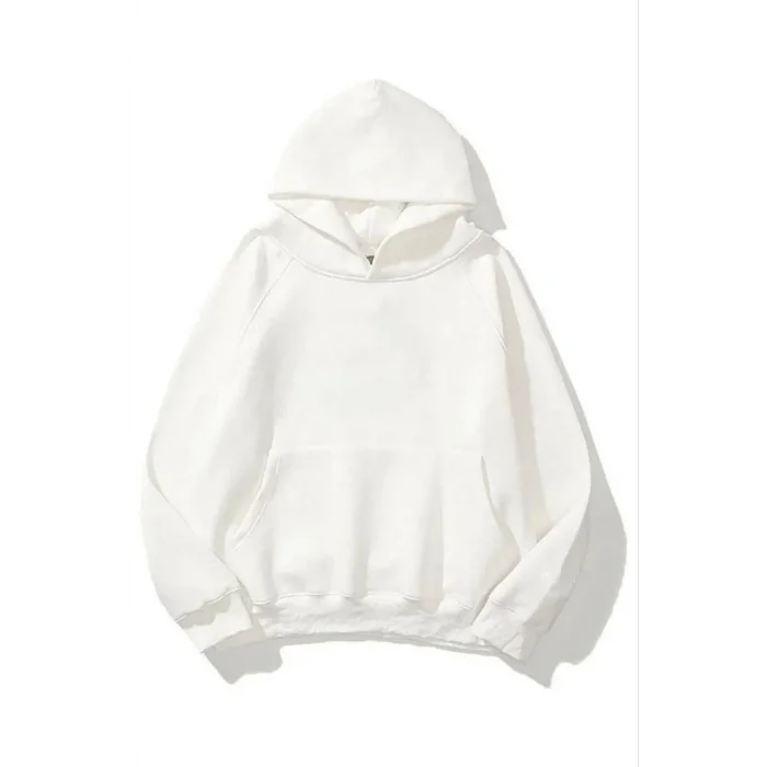 Kadın Kapüşonlu Kanguru Cepli 3 İplik Pamuklu Düz Hoodie Sweatshirt - Beyaz