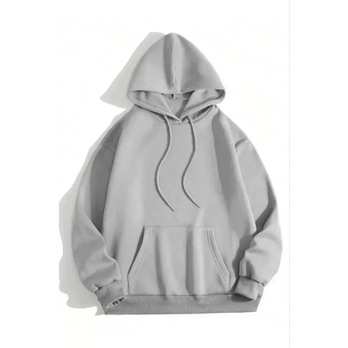 Kadın Kapüşonlu Kanguru Cepli 3 İplik Pamuklu Düz Hoodie Sweatshirt - Gri