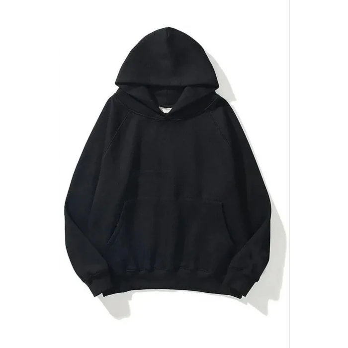 Kadın Kapüşonlu Kanguru Cepli 3 İplik Pamuklu Düz Hoodie Sweatshirt - Siyah