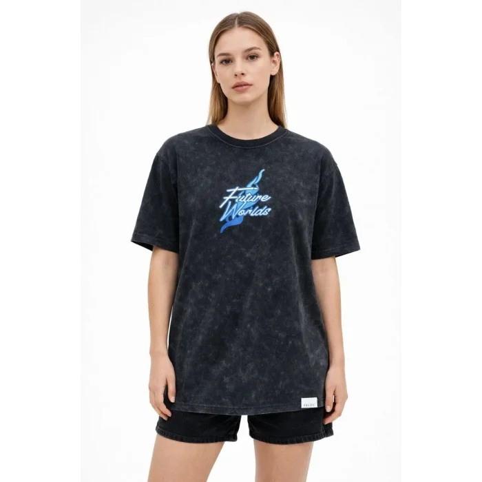 Kadın Asit Yıkamalı Oversize Tişört Bisiklet Yaka Kısa Kol T-shirt - Siyah