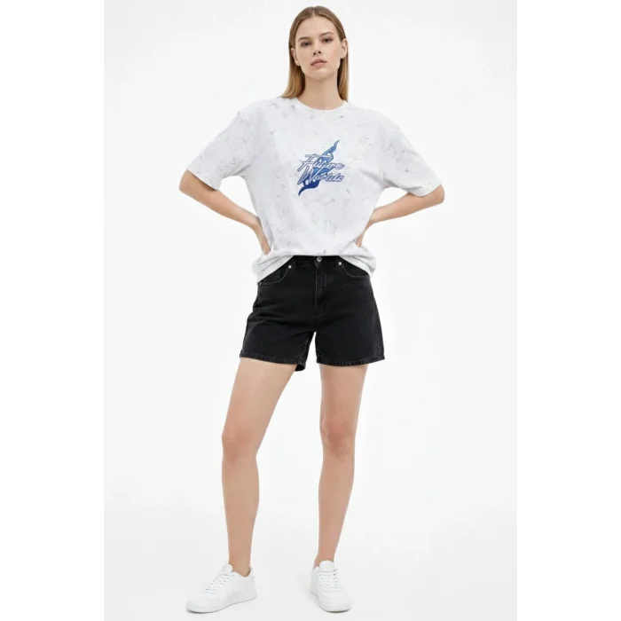 Kadın Asit Yıkamalı Oversize Tişört Future Worlds Baskılı Bisiklet Yaka Kısa Kollu Streetwear %100 Pamuk Street Style T-Shirt - Beyaz