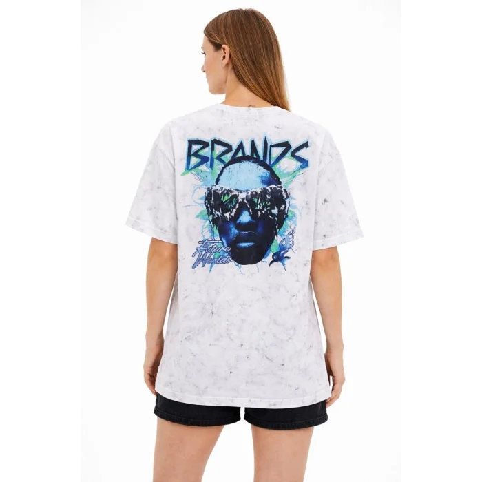 Kadın Asit Yıkamalı Oversize Tişört Future Worlds Baskılı Bisiklet Yaka Kısa Kollu Streetwear %100 Pamuk Street Style T-Shirt - Beyaz