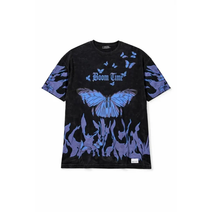 Kadın Asit Yıkamalı Oversize Tişört Mavi Kelebek Baskılı Dijital Print Bisiklet Yaka Streetwear T-Shirt - Siyah