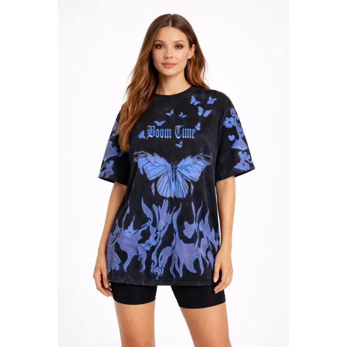 Kadın Asit Yıkamalı Oversize Tişört Mavi Kelebek Baskılı Dijital Print Bisiklet Yaka Streetwear T-Shirt - Siyah