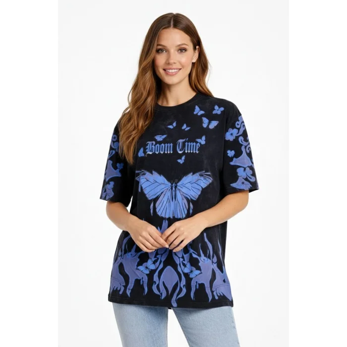 Kadın Asit Yıkamalı Oversize Tişört Mavi Kelebek Baskılı Dijital Print Bisiklet Yaka Streetwear T-Shirt - Siyah