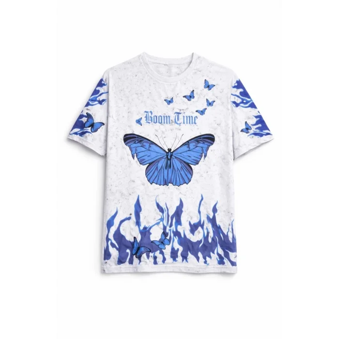 Kadın Asit Yıkamalı Oversize Tişört Mavi Kelebek Baskılı Dijital Print Bisiklet Yaka Streetwear T-Shirt - Beyaz