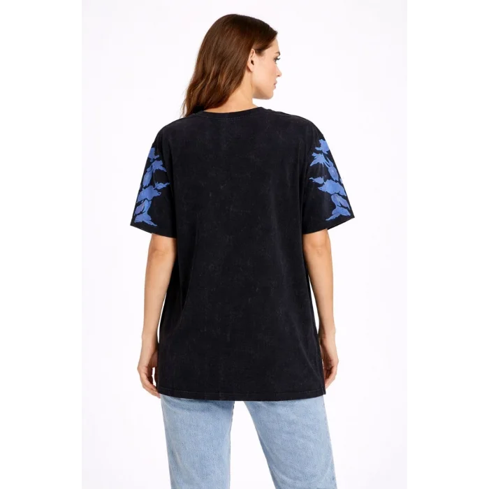 Kadın Asit Yıkamalı Oversize Tişört Mavi Kelebek Baskılı Dijital Print Bisiklet Yaka Streetwear T-Shirt - Siyah