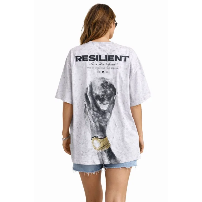 Kadın Asit Yıkamalı Oversize Tişört ön ve Arkası Baskılı %100 Pamuk Street Style T-Shirt - Beyaz