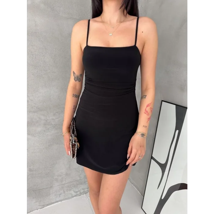 Kadın Askılı Şifon Mini Elbise Drapeli Bel Vücuda Oturan Yazlık Şık - Siyah