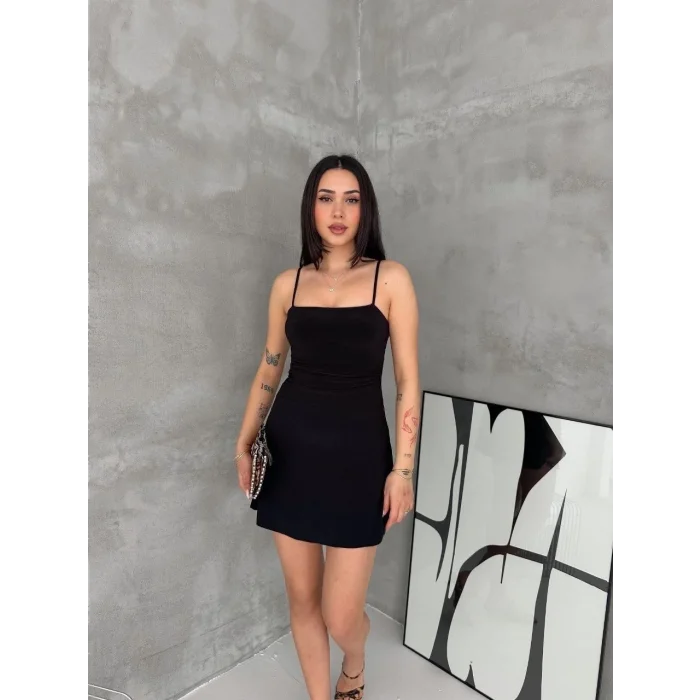 Kadın Askılı Şifon Mini Elbise Drapeli Bel Vücuda Oturan Yazlık Şık - Siyah