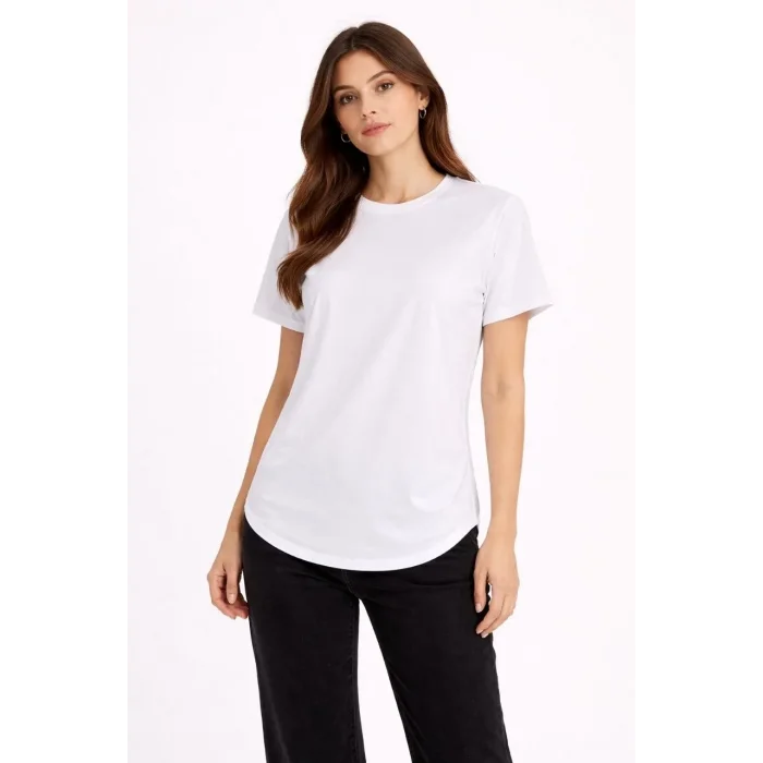 Kadın Basic T-Shirt Kısa Kol Bisiklet Yaka Oval Kesim Tişört - Beyaz