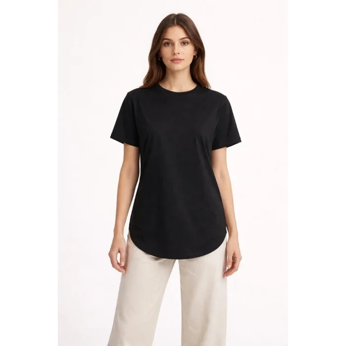 Kadın Basic T-Shirt Kısa Kol Bisiklet Yaka Oval Kesim Tişört - Siyah