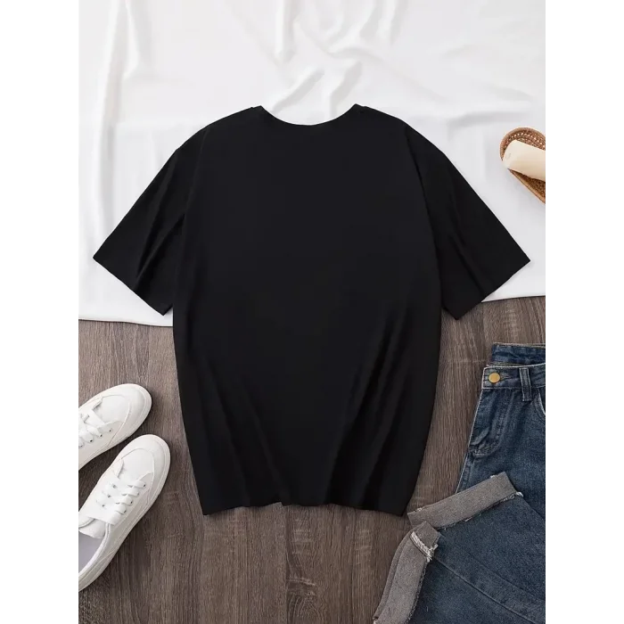 Kadın Kısa Kol Yazlık Tişört Bisiklet Yaka Baskılı Oversize T-Shirt - Siyah