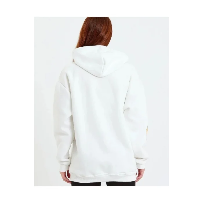 Kadın Oversize Kapüşonlu Cepli Ön Kol Baskılı 3 İplik Pamuklu Hoodie Sweatshirt - Beyaz