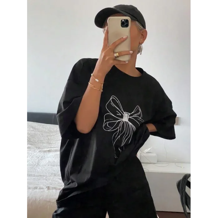 Kadın Fiyonk Baskılı T-Shirt Kısa Kol Bisiklet Yaka Oversize Tişört - Siyah