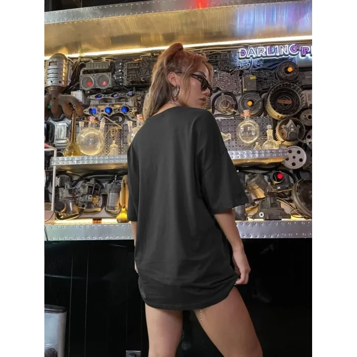 Kadın Leopar Kalp Baskılı Tişört Kısa Kol Bisiklet Yaka Oversize T-shirt - Siyah