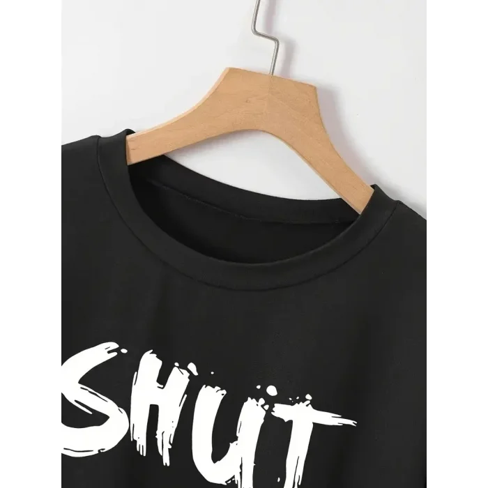 Kadın Tişört Shut Up Baskılı Kısa Kol Bisiklet Yaka T-Shirt - Siyah