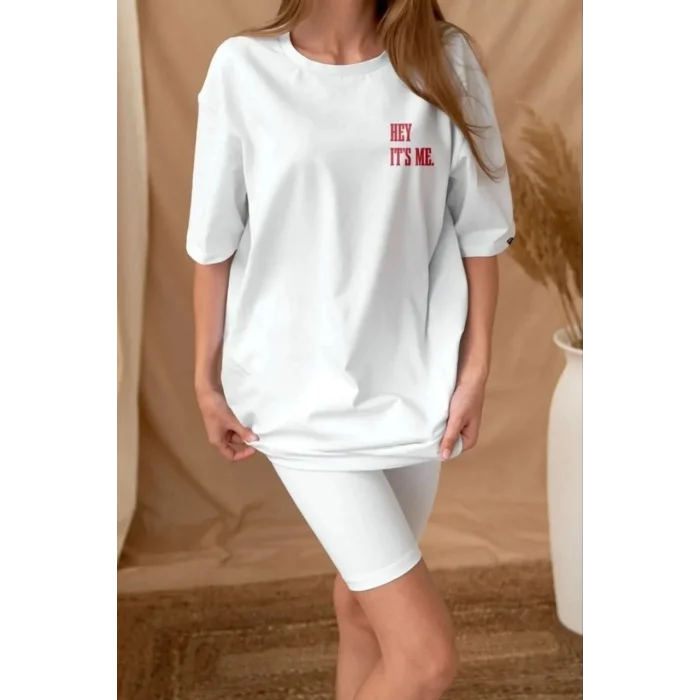 Kadın Baskılı T-Shirt Kısa Kol Bisiklet Yaka Oversize Rahat Kalıp Tişört - Beyaz