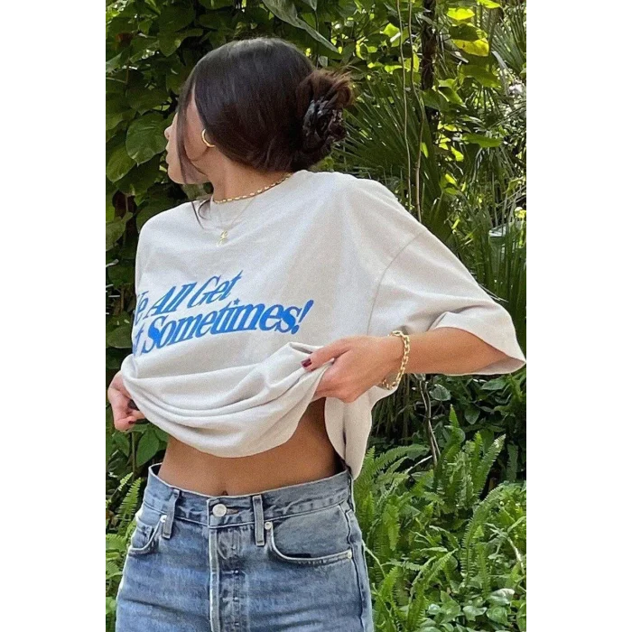 Kadın Baskılı Oversize kısa kol T-Shirt - Beyaz