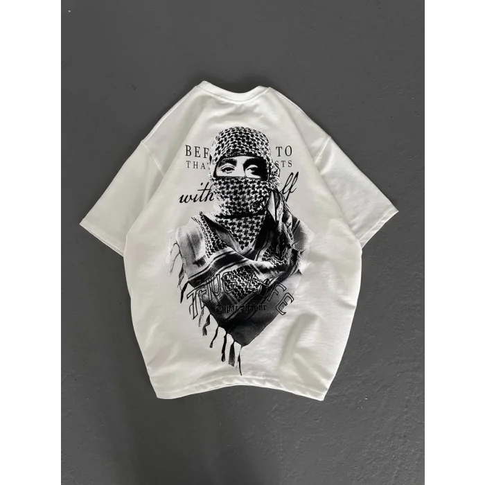 Kadın Kısa Kol Tişört Bisiklet Yaka Filistin Poşülü Baskılı T-Shirt - Beyaz