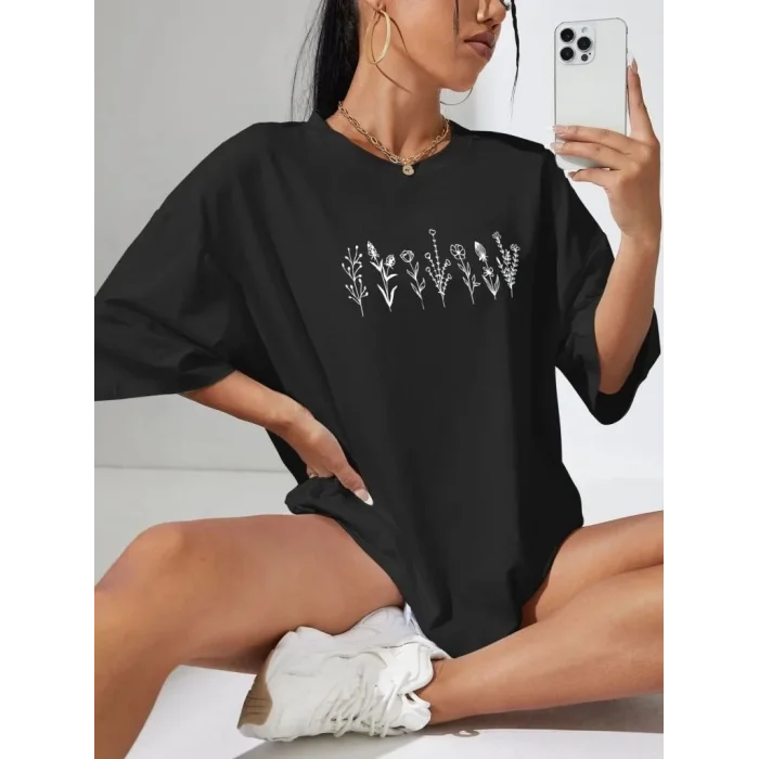 Kadın Baskılı T-Shirt Kısa Kol Bisiklet Yaka Oversize Rahat Kalıp Tişört - Siyah