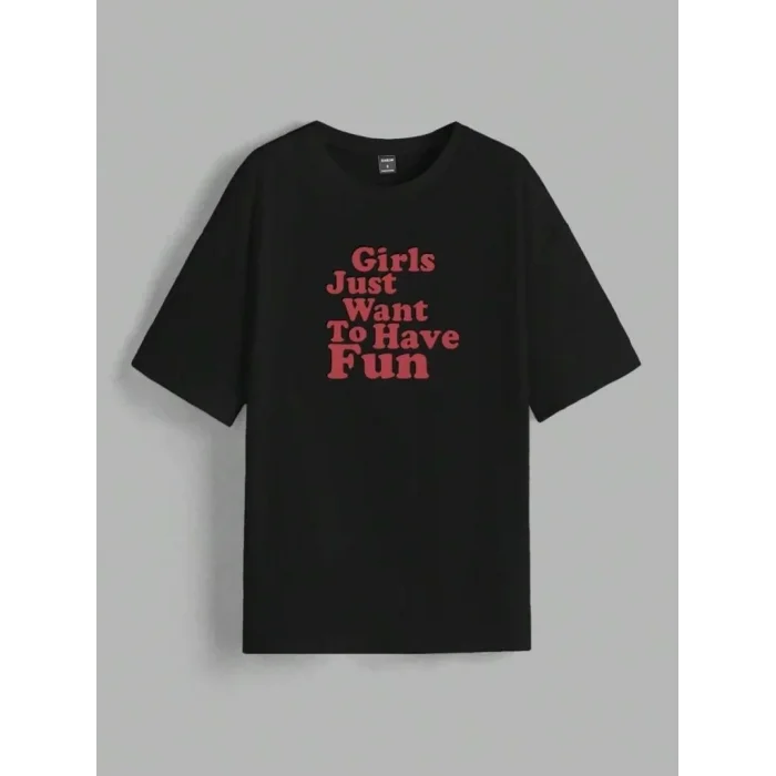 Kadın Baskılı Oversize Kısa kol T-shirt - Siyah