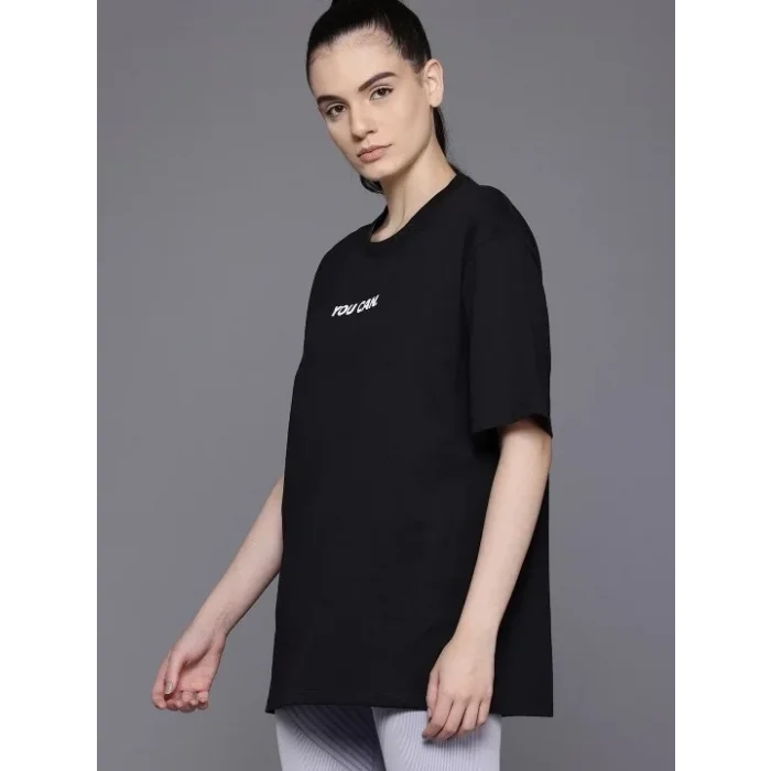 Kadın Baskılı T-Shirt Kısa Kol Bisiklet Yaka Oversize Rahat Kalıp Tişört - Siyah
