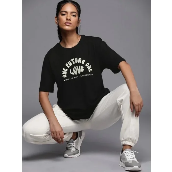 Kadın Baskılı T-Shirt Kısa Kol Bisiklet Yaka Oversize Rahat Kalıp Tişört - Siyah