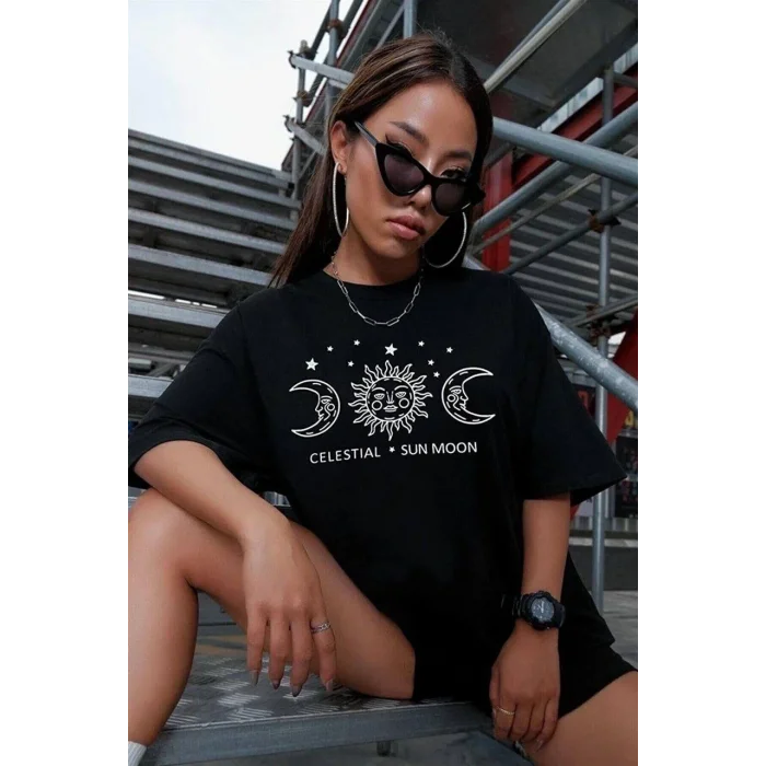 Kadın Baskılı T-Shirt Kısa Kol Bisiklet Yaka Oversize Rahat Kalıp Tişört - Siyah