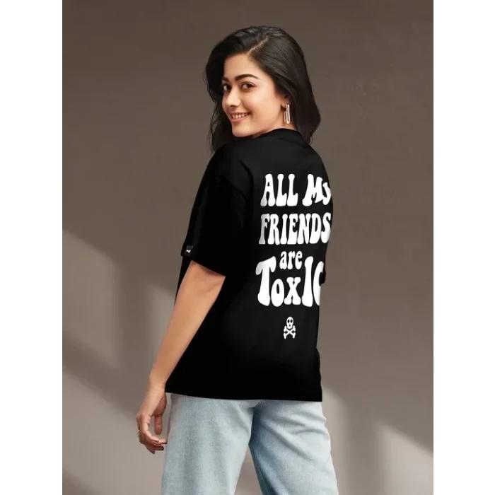 Kadın Kısa Kol Yazlık Tişört Bisiklet Yaka Baskılı Oversize T-Shirt - Siyah