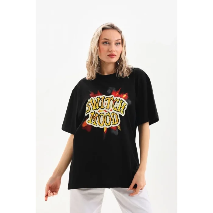 Kadın Kısa Kol Yazlık Tişört Bisiklet Yaka Ejderha Baskılı T-Shirt - Siyah