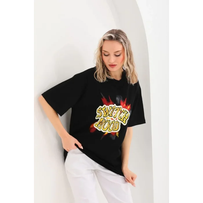 Kadın Kısa Kol Yazlık Tişört Bisiklet Yaka Ejderha Baskılı T-Shirt - Siyah