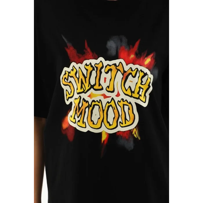 Kadın Kısa Kol Yazlık Tişört Bisiklet Yaka Ejderha Baskılı T-Shirt - Siyah