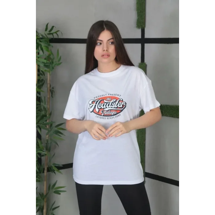 Kadın Kısa Kol Yazlık Tişört Bisiklet Yaka Baskılı Oversize T-Shirt - Beyaz