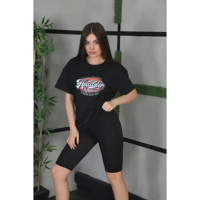 Kadın Kısa Kol Yazlık Tişört Bisiklet Yaka Baskılı Oversize T-Shirt - Siyah