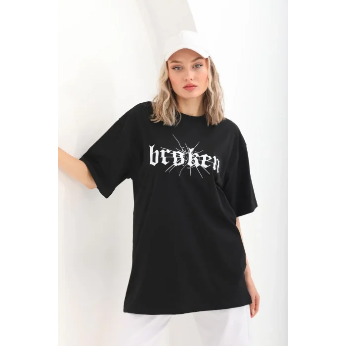 Kadın Kısa Kol Yazlık Tişört Bisiklet Yaka Baskılı Oversize T-Shirt - Siyah
