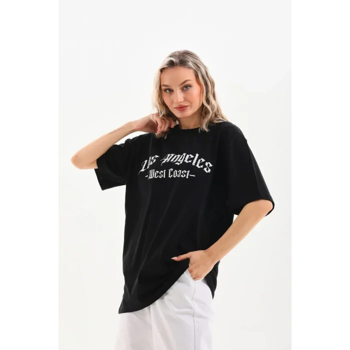 Kadın Baskılı Tişört Kısa Kol Bisiklet Yaka Oversize T-Shirt - Siyah