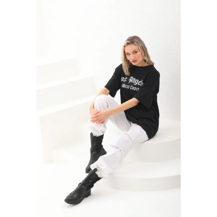 Kadın Baskılı Tişört Kısa Kol Bisiklet Yaka Oversize T-Shirt - Siyah