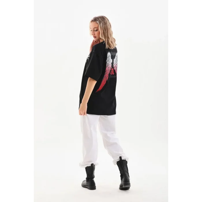 Kadın Baskılı Tişört Kısa Kol Bisiklet Yaka Oversize T-Shirt - Siyah