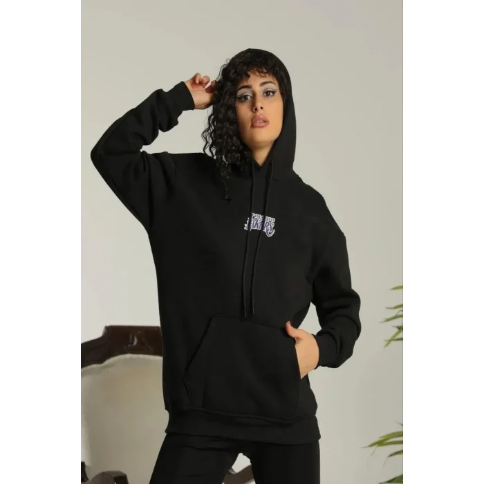 Kadın Oversize Kapüşonlu Cepli Baskılı 3 İplik Pamuklu Hoodie Sweatshirt - Siyah