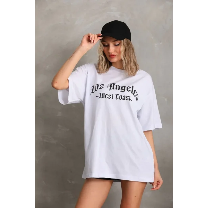 Kadın Baskılı Tişört Kısa Kol Bisiklet Yaka Oversize T-Shirt - Beyaz