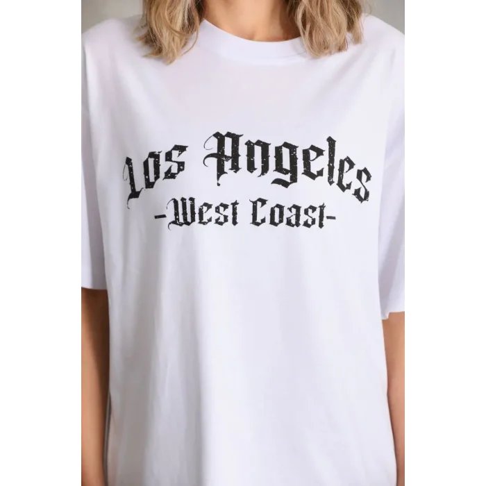 Kadın Baskılı Tişört Kısa Kol Bisiklet Yaka Oversize T-Shirt - Beyaz