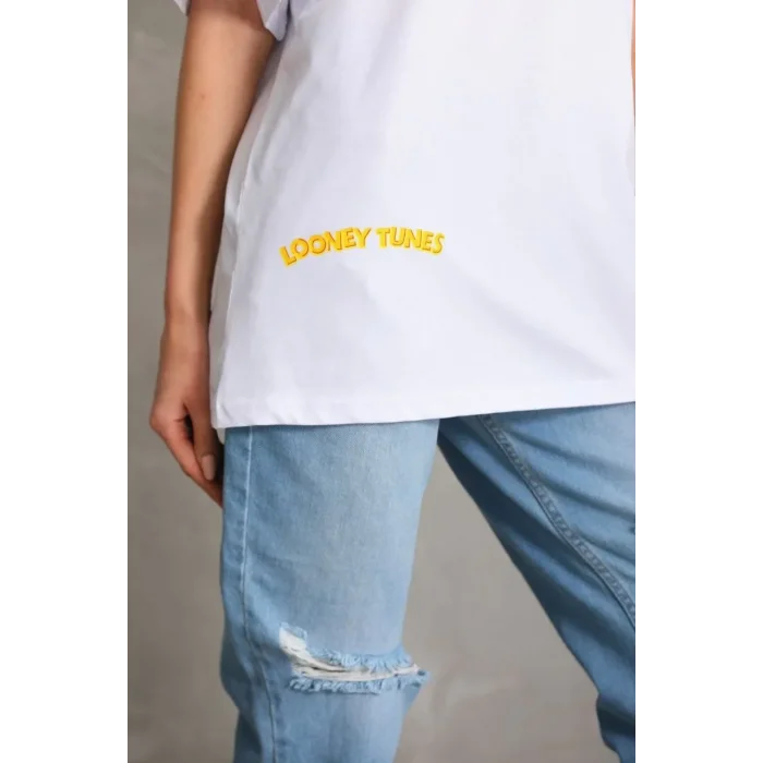 Kadın Kısa Kol Yazlık Tişört Bisiklet Yaka Baskılı Oversize T-Shirt - Beyaz