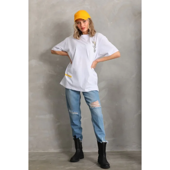 Kadın Kısa Kol Yazlık Tişört Bisiklet Yaka Baskılı Oversize T-Shirt - Beyaz