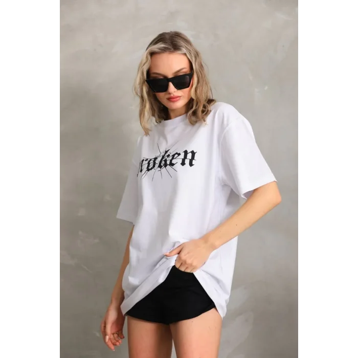 Kadın Kısa Kol Yazlık Tişört Bisiklet Yaka Baskılı Oversize T-Shirt - Beyaz