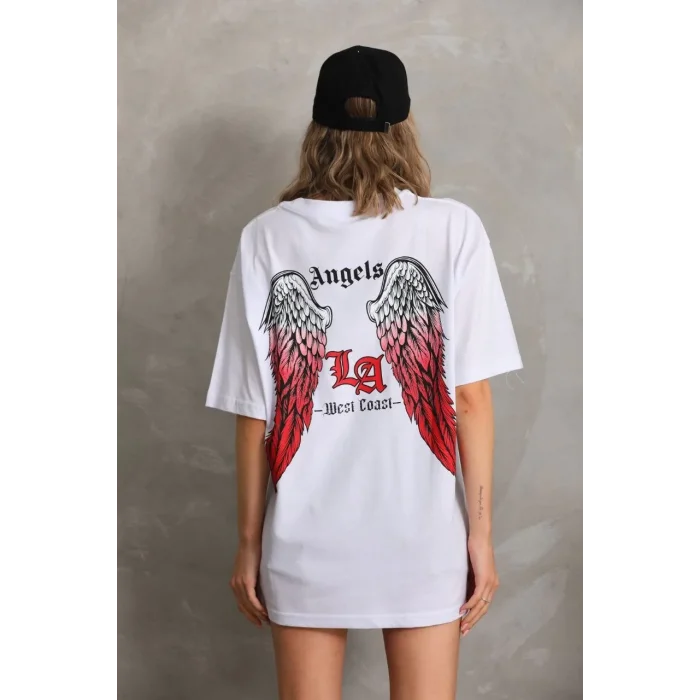 Kadın Baskılı Tişört Kısa Kol Bisiklet Yaka Oversize T-Shirt - Beyaz